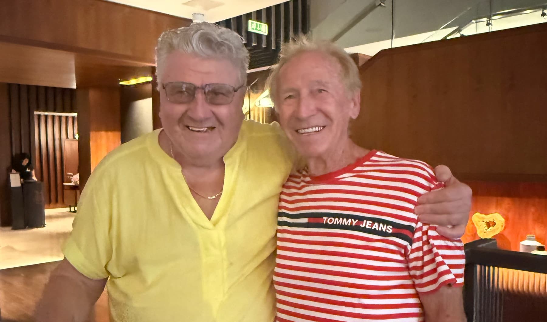 Leslie and Kapácsi László, both eighty, in a Budapest hotel lobby